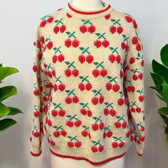 En Creme 3D Cherry Patterned Sweater - Red and Green on Cream sz OS or Med - Picture 1 of 16
